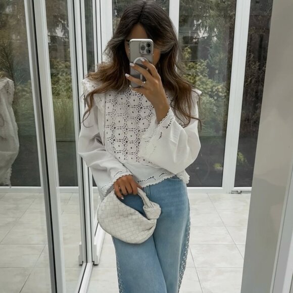 Zara Women $89 CONTRASTING Crochet KNIT BLOUSE 7200/037 Ecru White M NWT - Picture 1 of 12